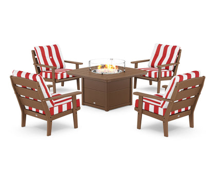 POLYWOOD® Lakeside 5-Piece Deep Seating Set with Nautical Fire Pit Table in Teak / Cabana Stripe Crimson