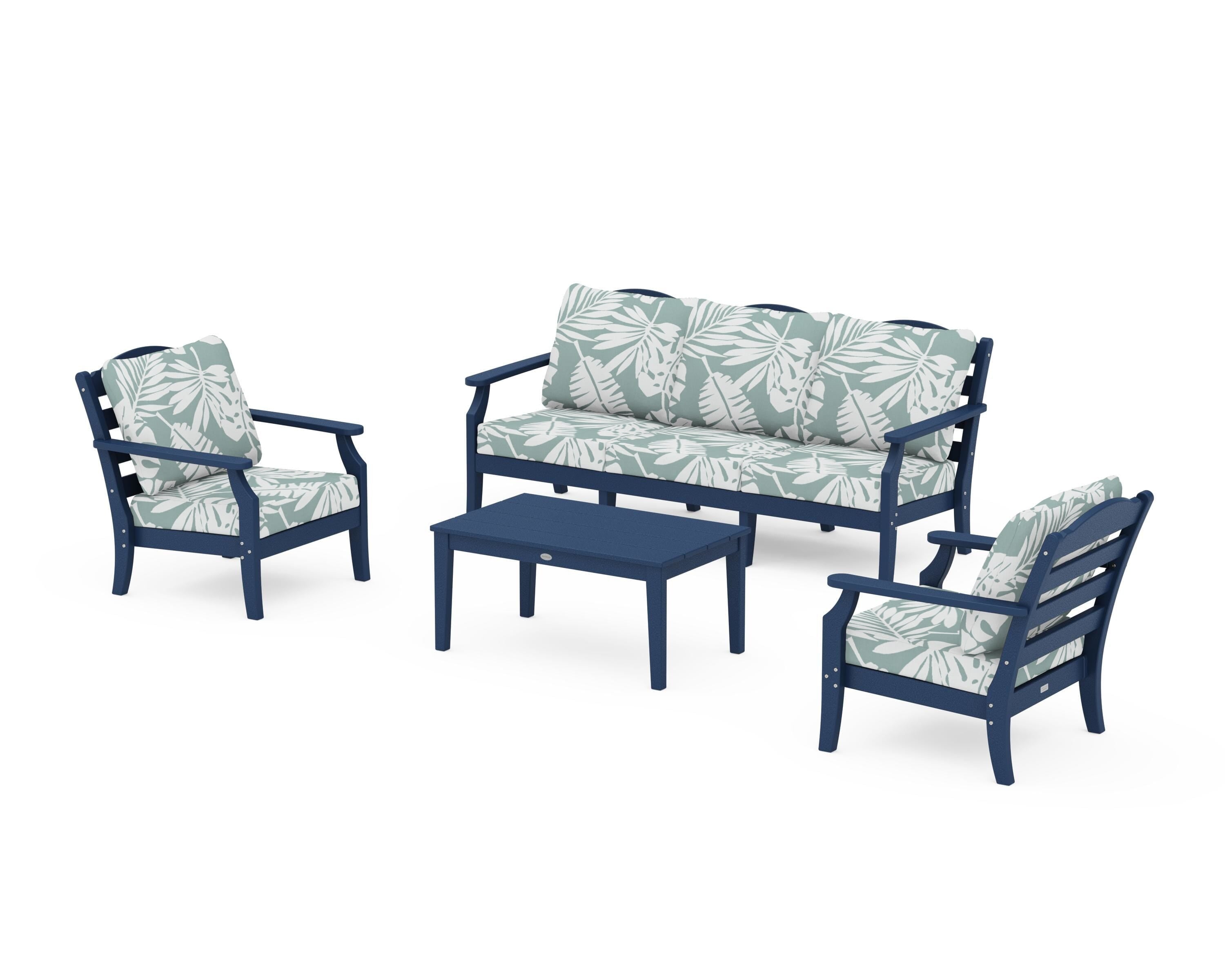 Draper James™ by  POLYWOOD® Savannah 4-Piece Deep Seating Set with Sofa in Navy / Leaf Glacier Spa