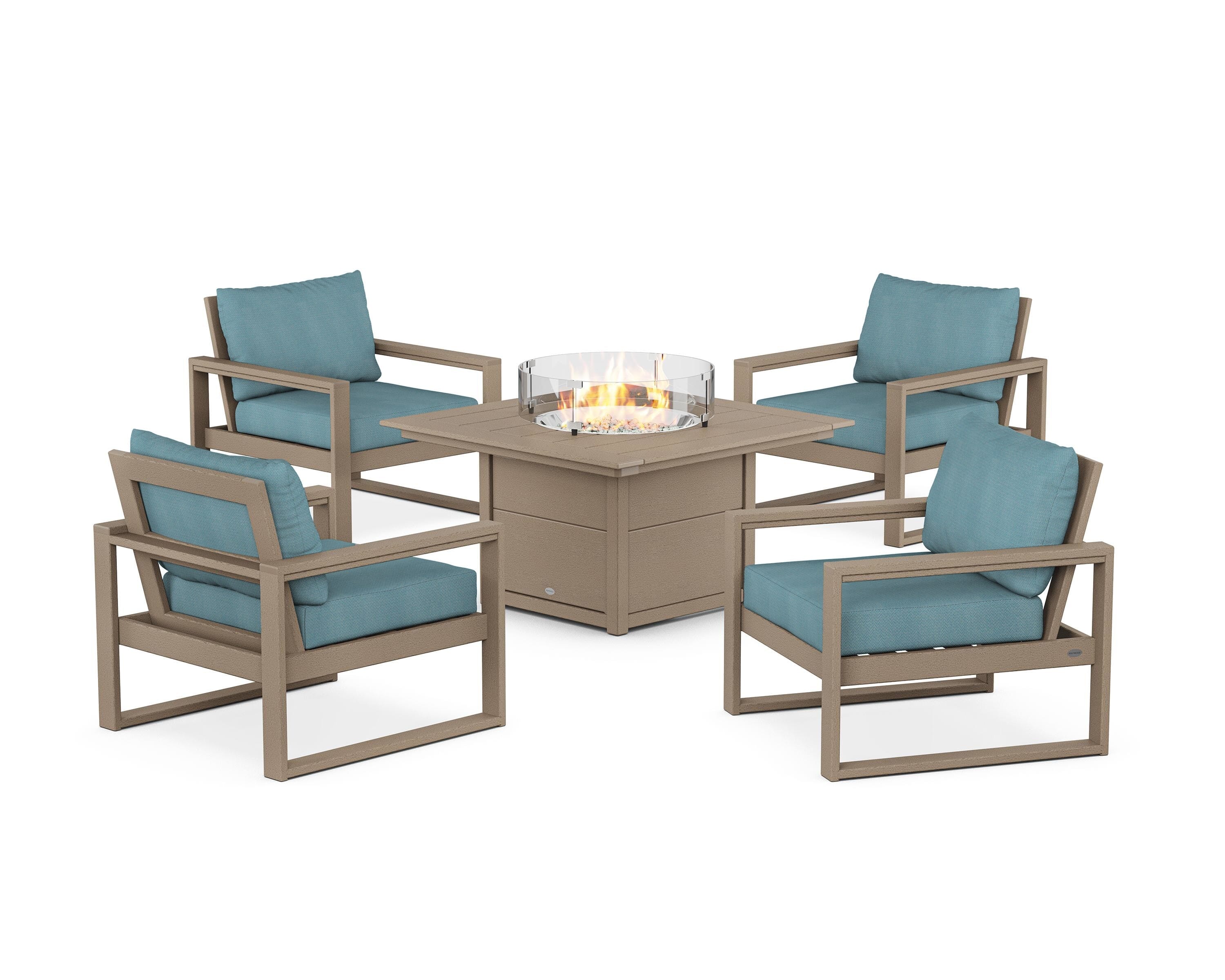 POLYWOOD® EDGE Sectional 5-Piece Deep Seating Set with Fire Pit Table in Vintage Sahara / Lattice Sky Blue