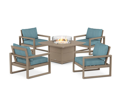 POLYWOOD® EDGE Sectional 5-Piece Deep Seating Set with Fire Pit Table in Vintage Sahara / Lattice Sky Blue