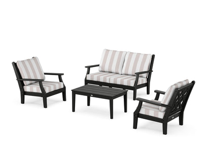 Country Living Wovendale 4-Piece Deep Seating Set with Loveseat in Black / Cabana Stripe Dune Burlap