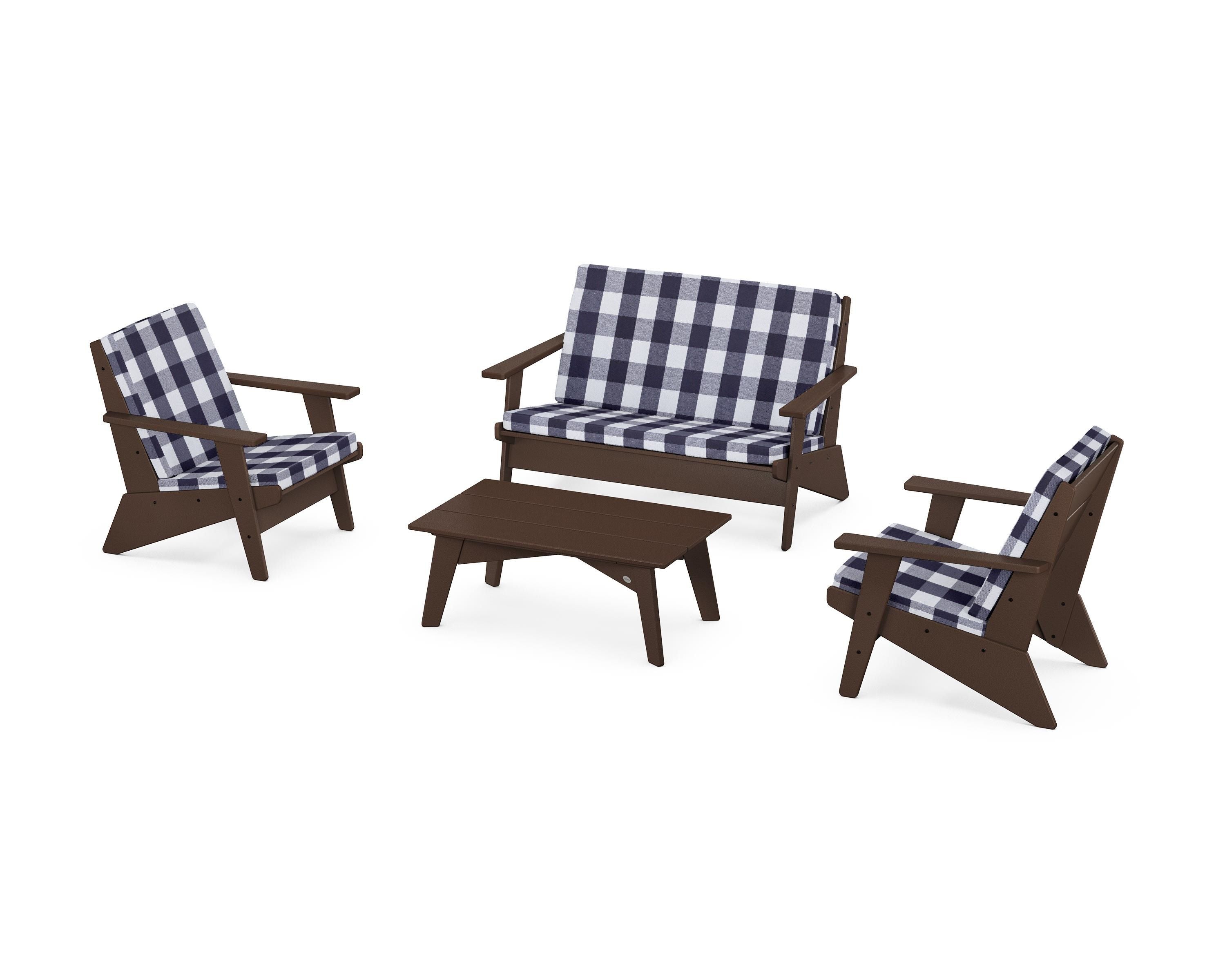 POLYWOOD® Riviera Modern Lounge 4-Piece Set in Mahogany / Buffalo Plaid Navy