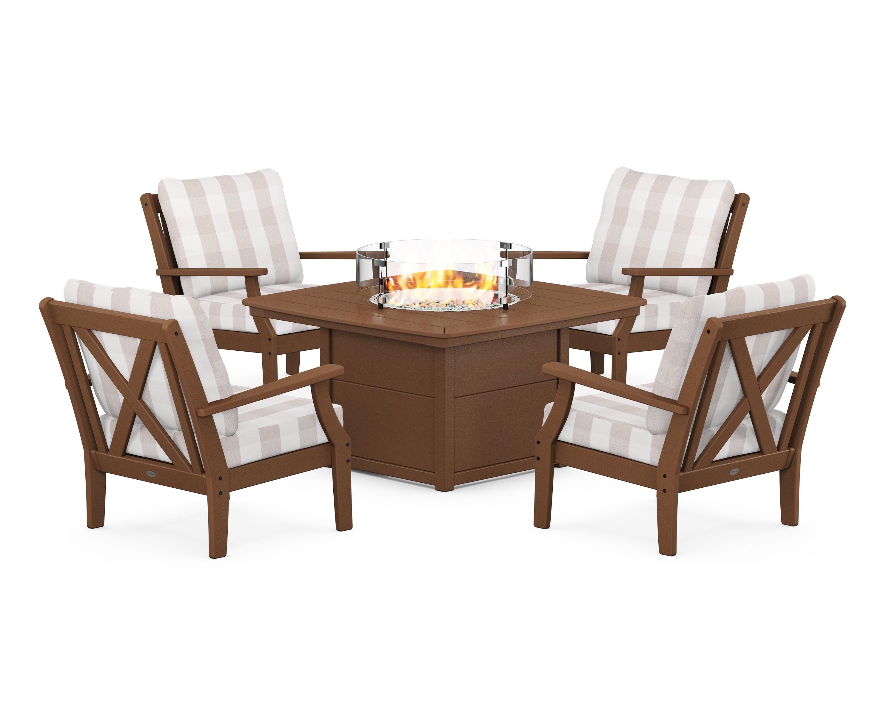 POLYWOOD® Braxton 5-Piece Deep Seating Conversation Set with Fire Pit Table in Teak / Buffalo Plaid Dune Burlap