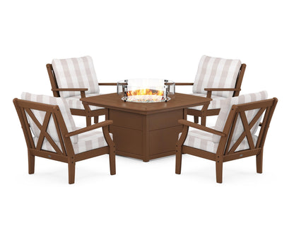 POLYWOOD® Braxton 5-Piece Deep Seating Conversation Set with Fire Pit Table in Teak / Buffalo Plaid Dune Burlap