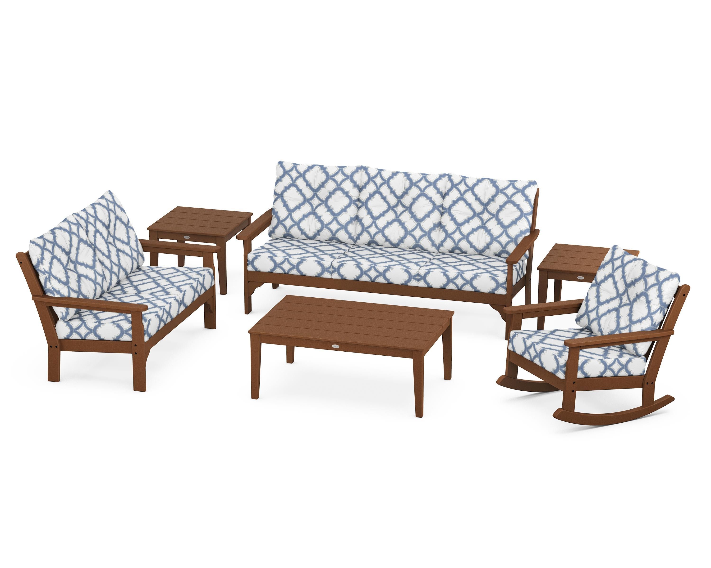 POLYWOOD® Vineyard 6-Piece Deep Seating Set in Teak / Trellis Sky Blue
