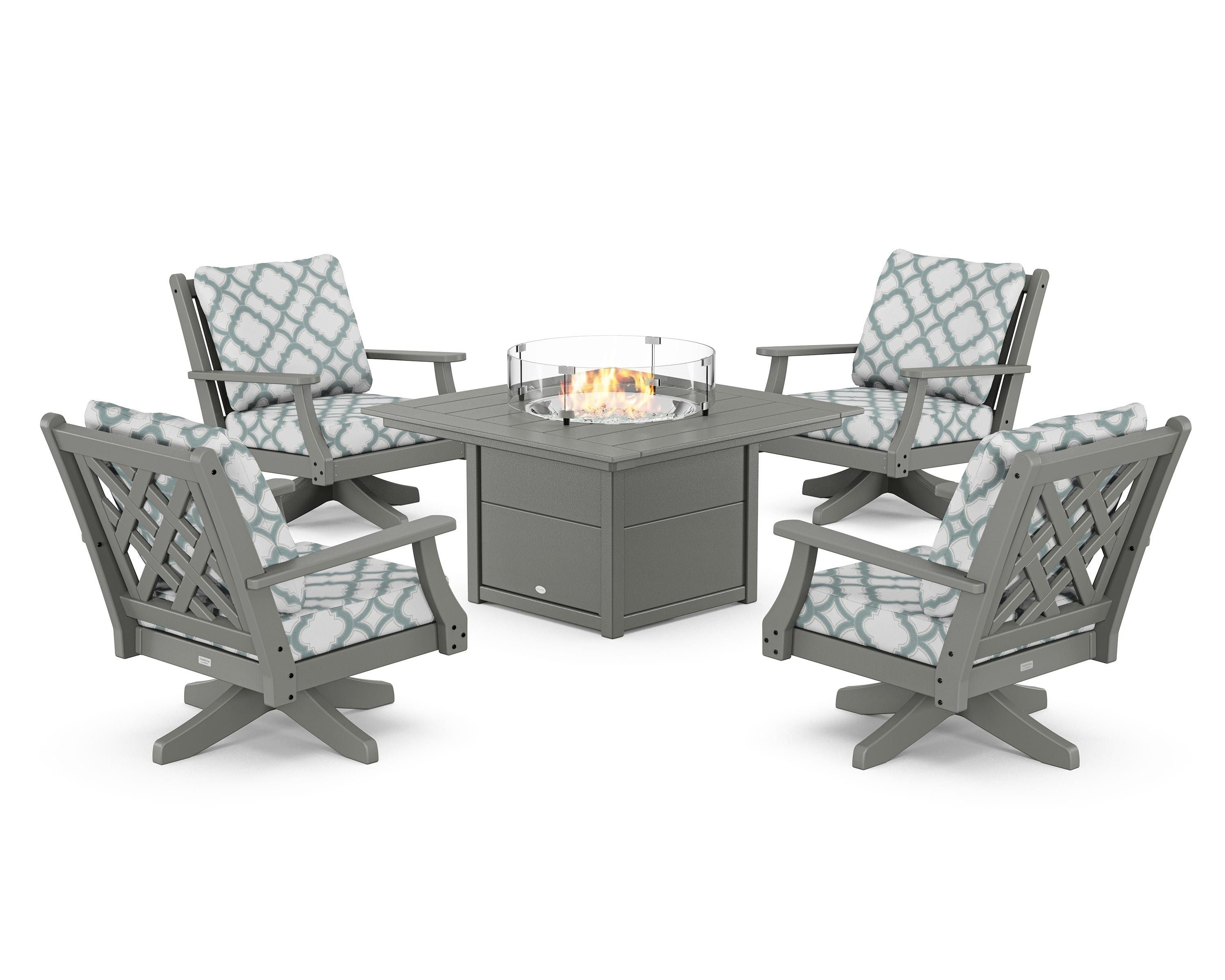 Country Living Wovendale 5-Piece Deep Seating Swivel Conversation Set with Fire Pit Table in Slate Grey / Trellis Glacier Spa