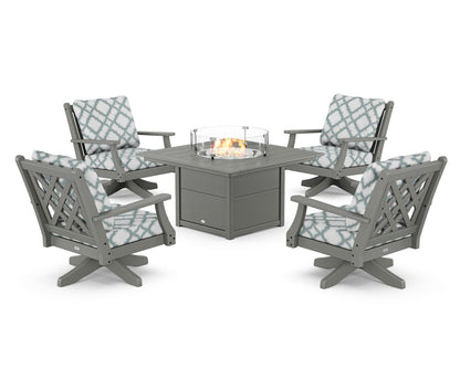 Country Living Wovendale 5-Piece Deep Seating Swivel Conversation Set with Fire Pit Table in Slate Grey / Trellis Glacier Spa