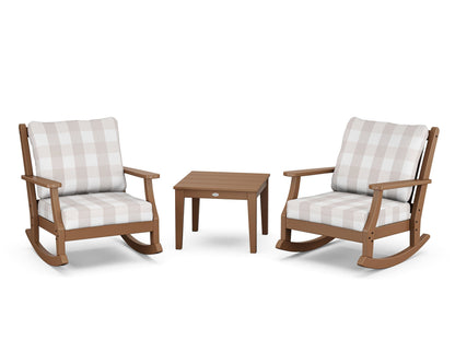 Country Living Wovendale 3-Piece Deep Seating Rocker Set in Teak / Buffalo Plaid Dune Burlap