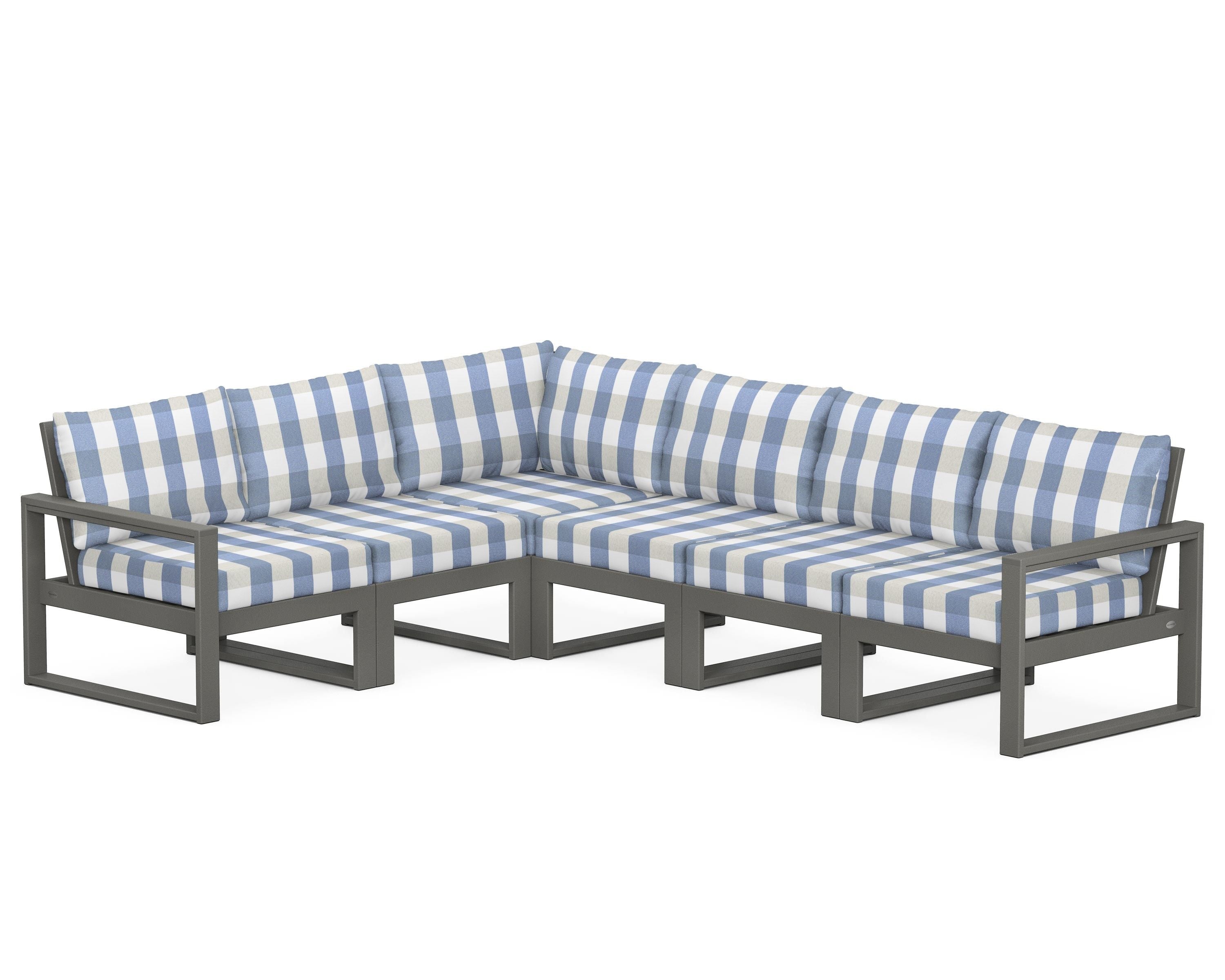POLYWOOD® EDGE 6-Piece Modular Deep Seating Set in Slate Grey / Buffalo Plaid Sky Blue