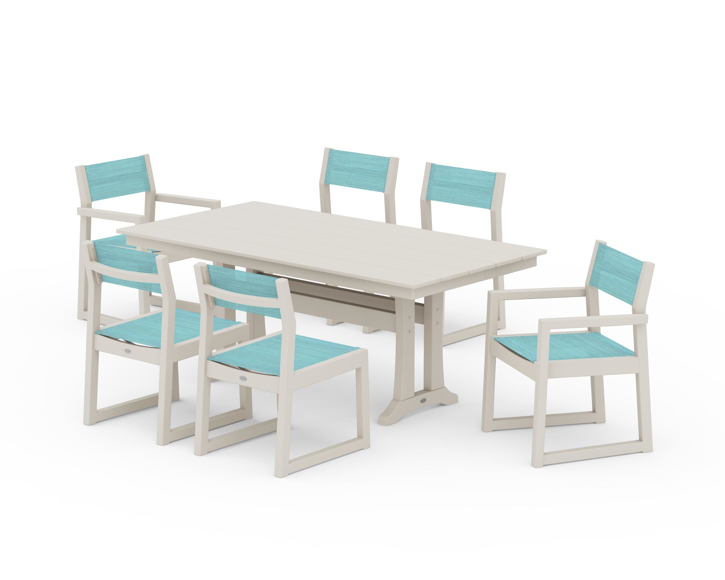 POLYWOOD® EDGE Sling 7-Piece Farmhouse Trestle Dining Set in Sand / Dupioni Aquamarine Sling