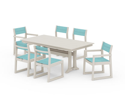 POLYWOOD® EDGE Sling 7-Piece Farmhouse Trestle Dining Set in Sand / Dupioni Aquamarine Sling