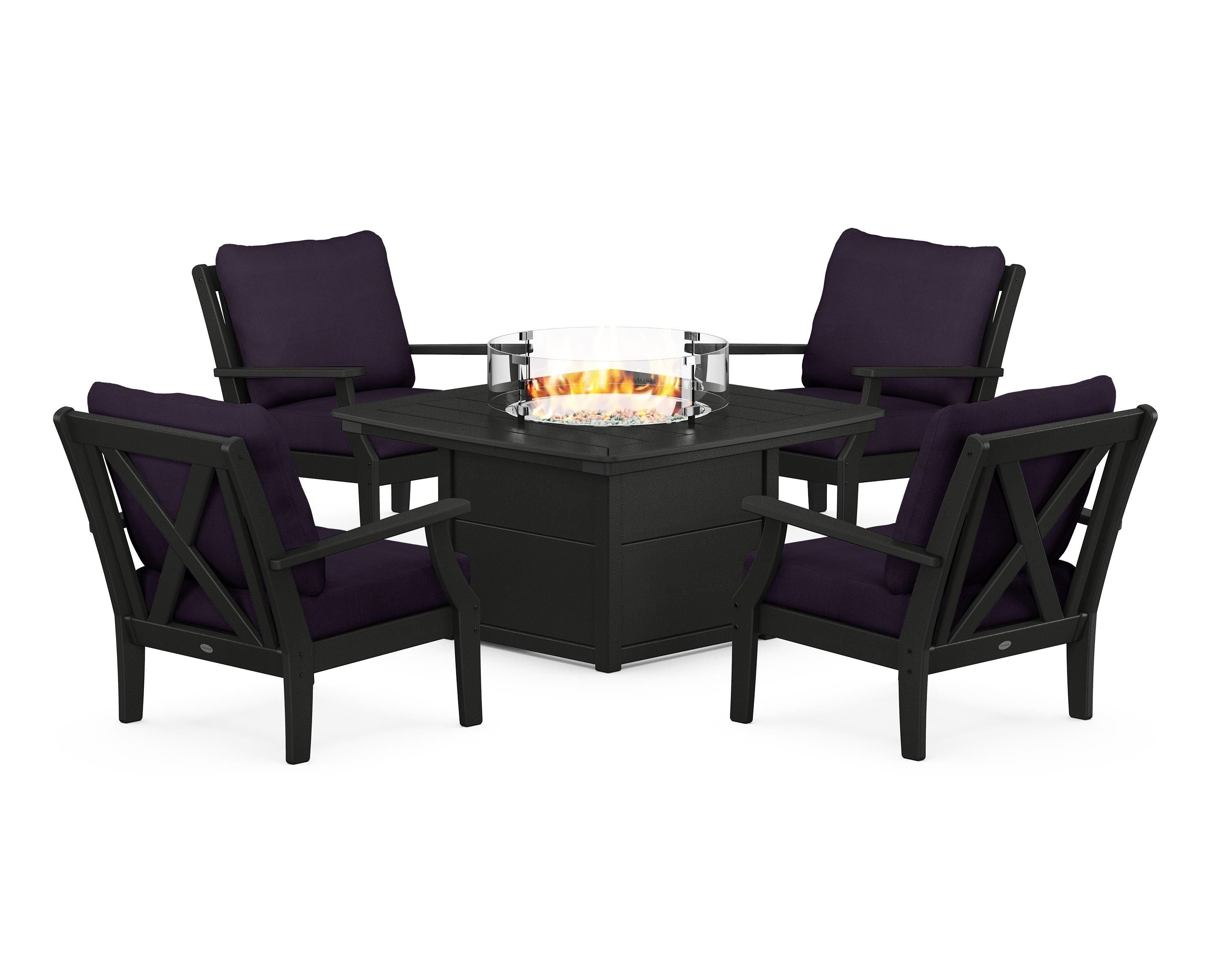 POLYWOOD® Braxton 5-Piece Deep Seating Conversation Set with Fire Pit Table in Black / Navy Linen