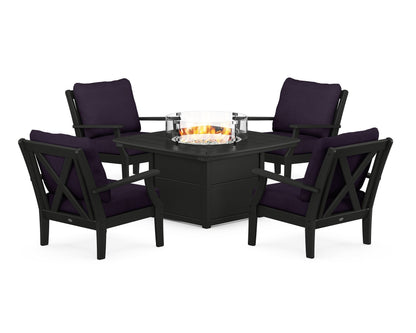 POLYWOOD® Braxton 5-Piece Deep Seating Conversation Set with Fire Pit Table in Black / Navy Linen
