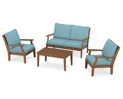 POLYWOOD® Braxton 4-Piece Deep Seating Chair Set in Teak / Lattice Sky Blue