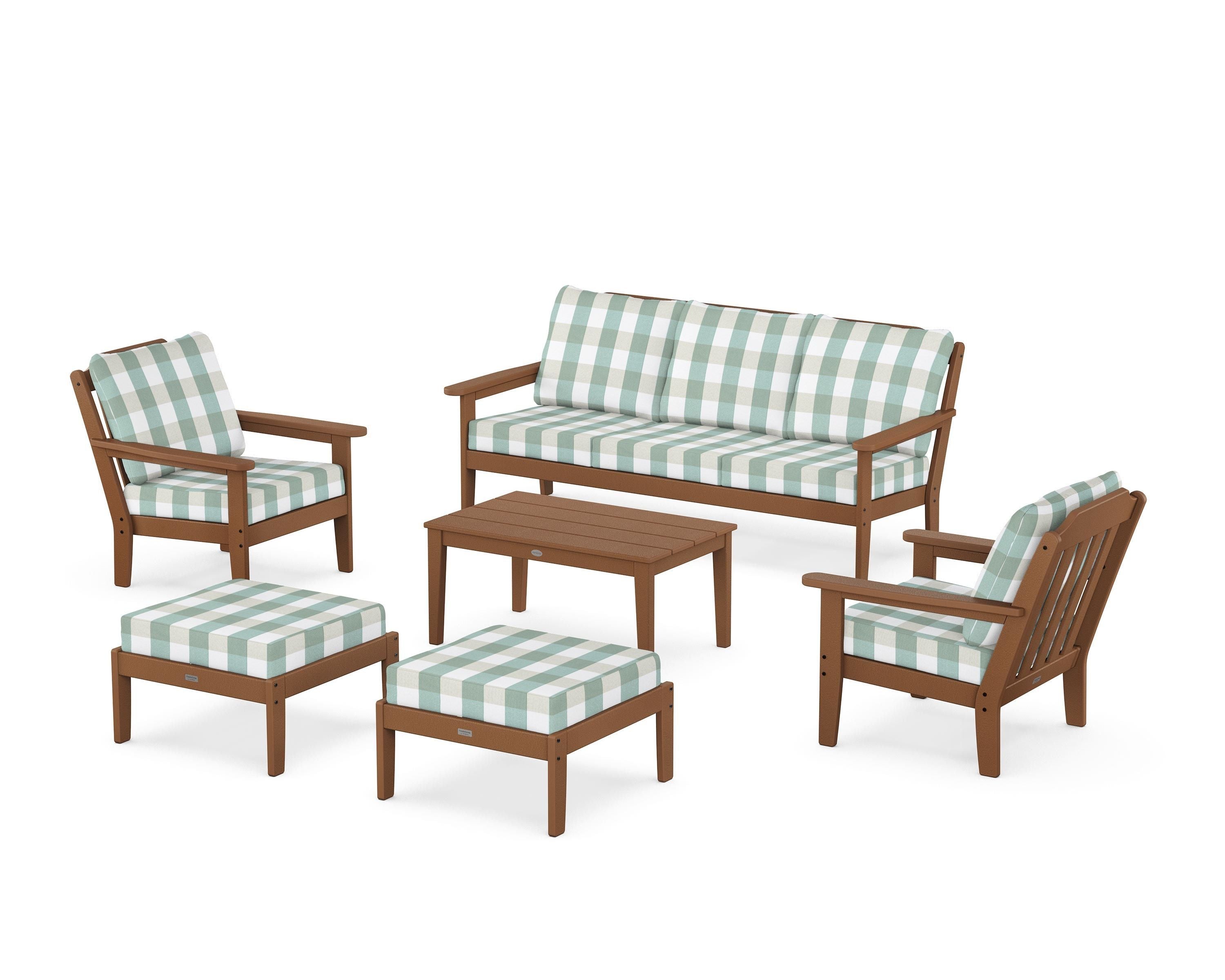 Country Living Cottage 6-Piece Lounge Sofa Set in Teak / Buffalo Plaid Glacier Spa