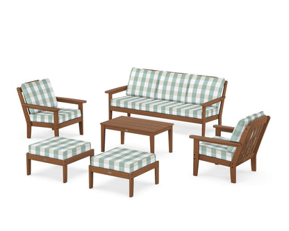 Country Living Cottage 6-Piece Lounge Sofa Set in Teak / Buffalo Plaid Glacier Spa
