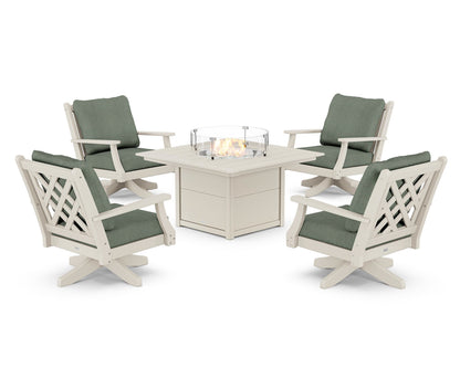 Country Living Wovendale 5-Piece Deep Seating Swivel Conversation Set with Fire Pit Table in Sand / Cast Sage