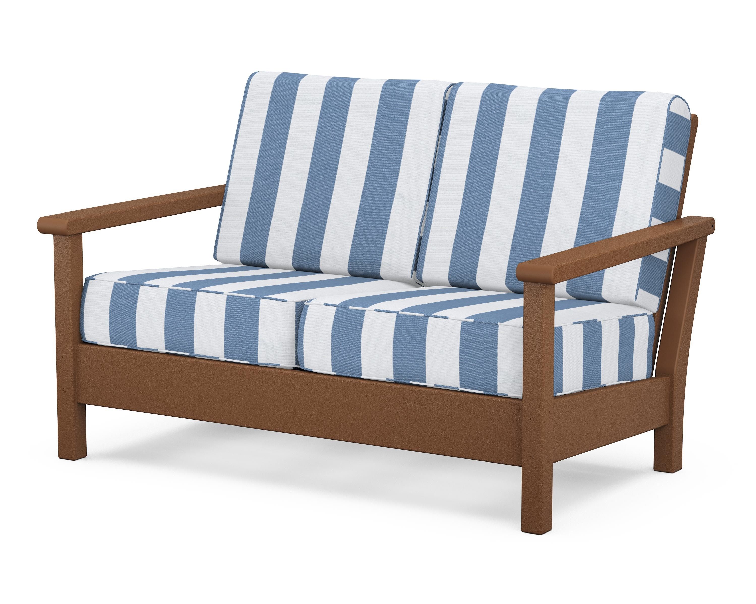 POLYWOOD® Harbour Deep Seating Loveseat in Teak / Cabana Stripe Sky Blue