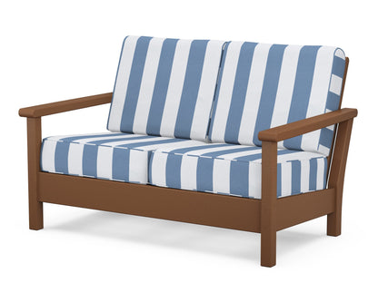POLYWOOD® Harbour Deep Seating Loveseat in Teak / Cabana Stripe Sky Blue