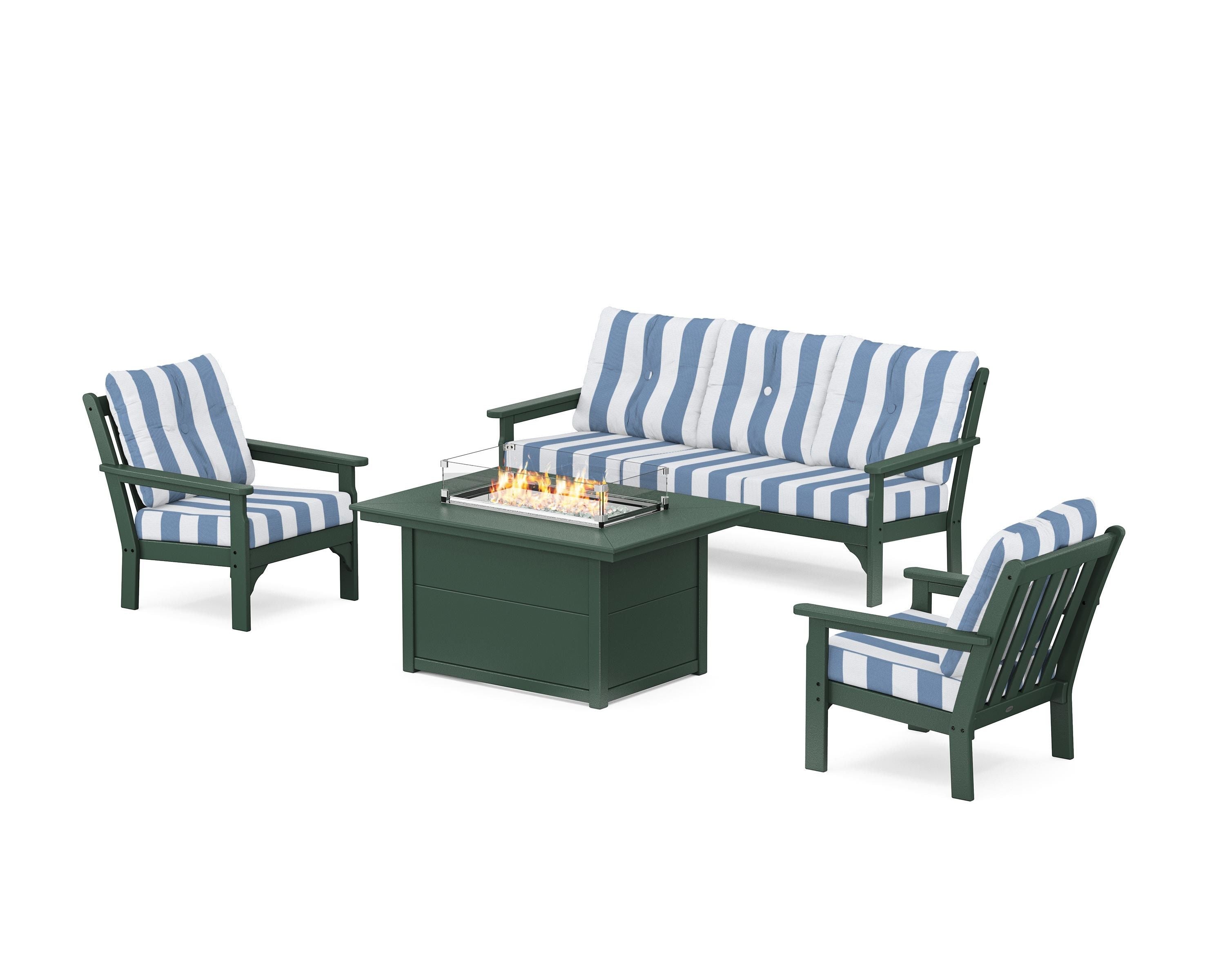 POLYWOOD® Vineyard Deep Seating Fire Pit Table Set in Green / Cabana Stripe Sky Blue