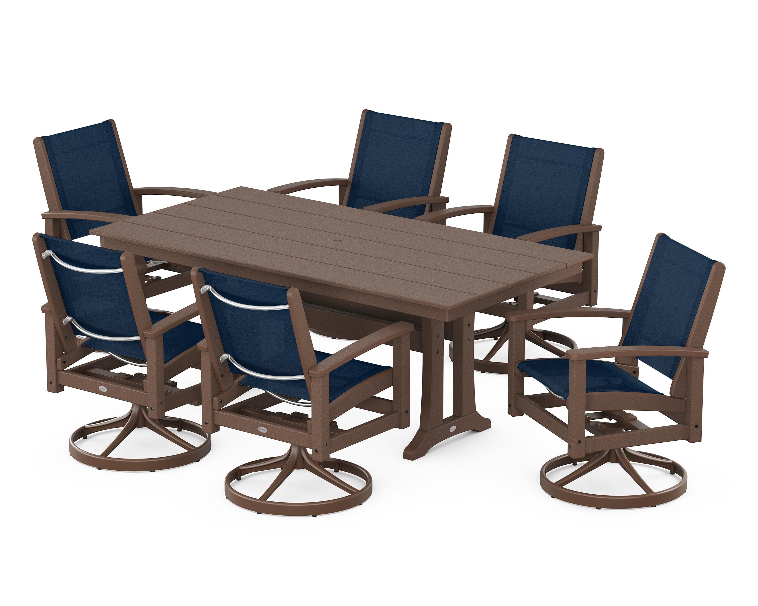 POLYWOOD® 7 Piece Coastal Swivel Rocker Dining Set in Satin Mahogany / Mahogany / Navy Blue Sling