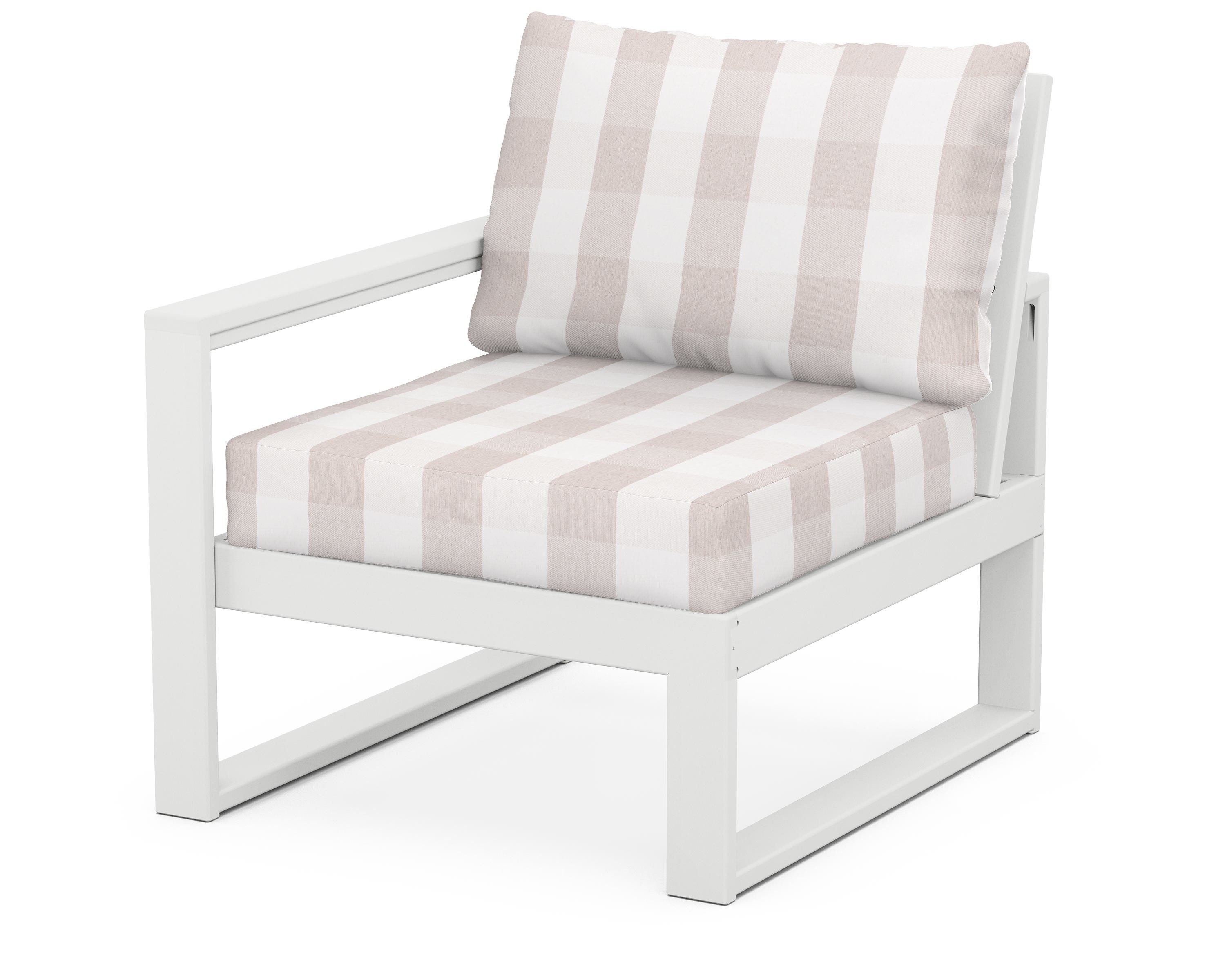 POLYWOOD® EDGE Modular Left Arm Chair in White / Buffalo Plaid Dune Burlap