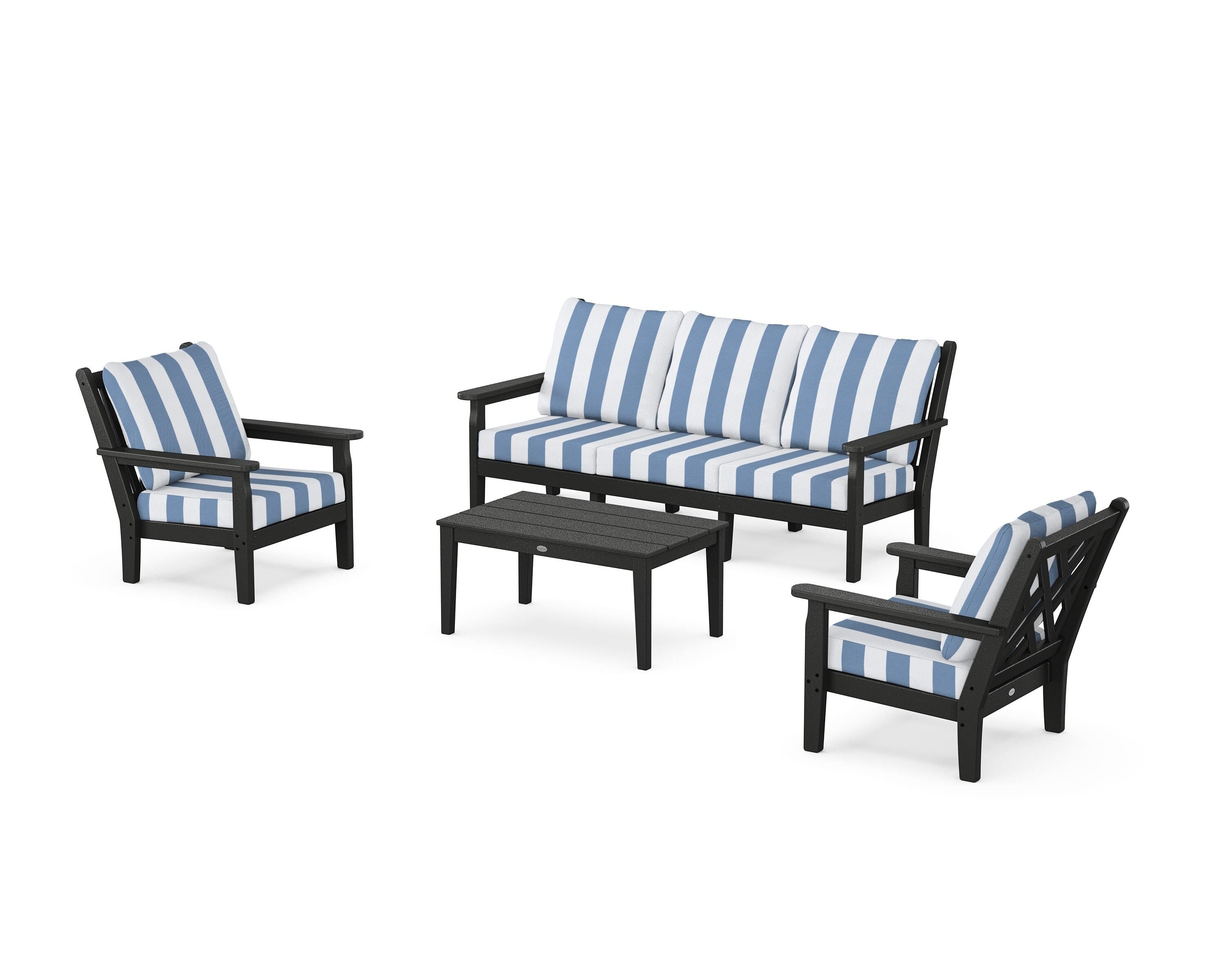 POLYWOOD® Chippendale 4-Piece Deep Seating Set with Sofa in Black / Cabana Stripe Sky Blue