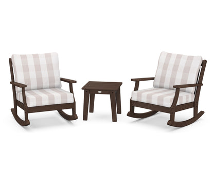 POLYWOOD® Braxton 3-Piece Deep Seating Rocker Set in Mahogany / Buffalo Plaid Dune Burlap