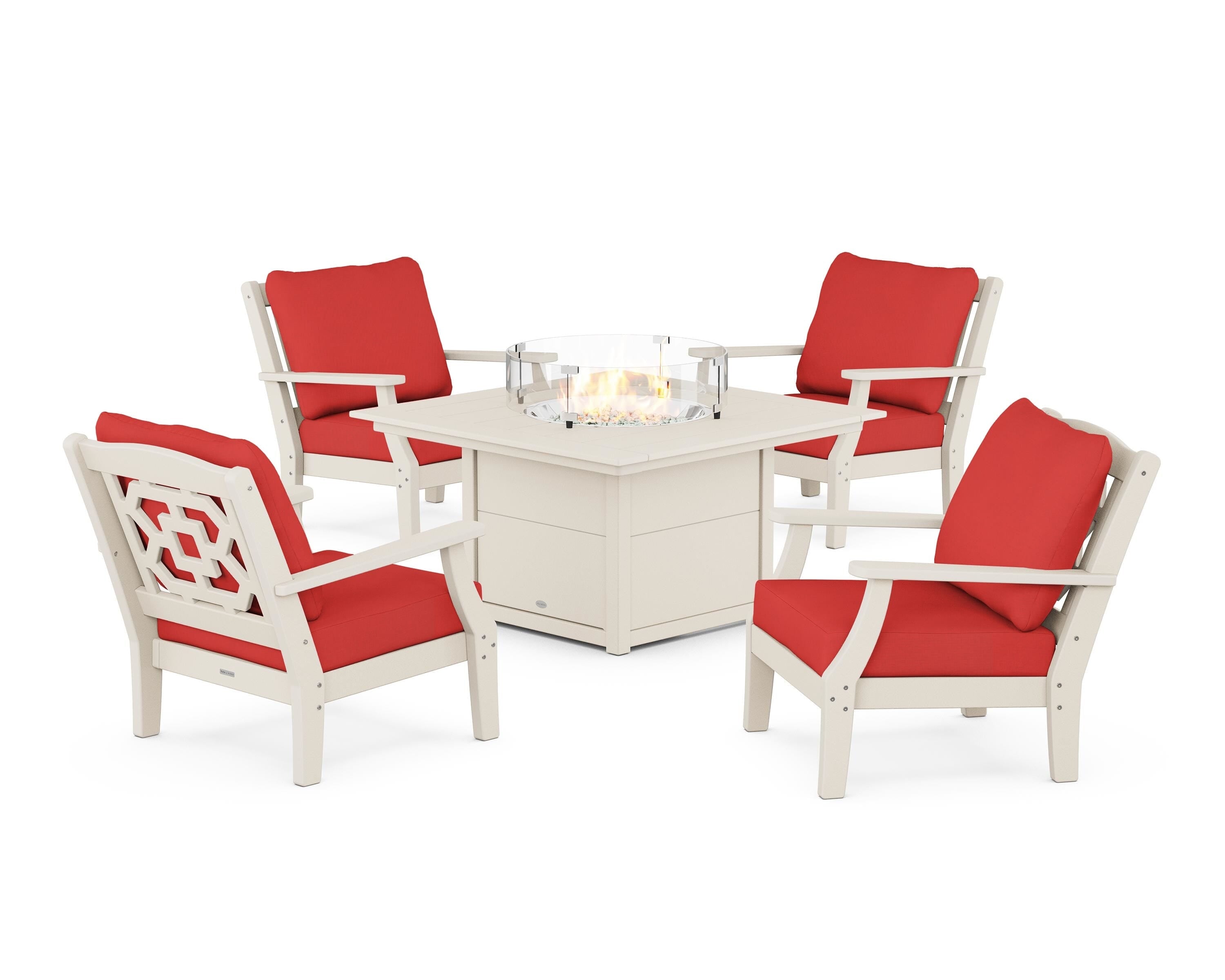 Martha Stewart by POLYWOOD® Chinoiserie 5-Piece Deep Seating Set with Fire Pit Table in Sand / Crimson Linen