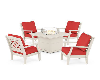 Martha Stewart by POLYWOOD® Chinoiserie 5-Piece Deep Seating Set with Fire Pit Table in Sand / Crimson Linen