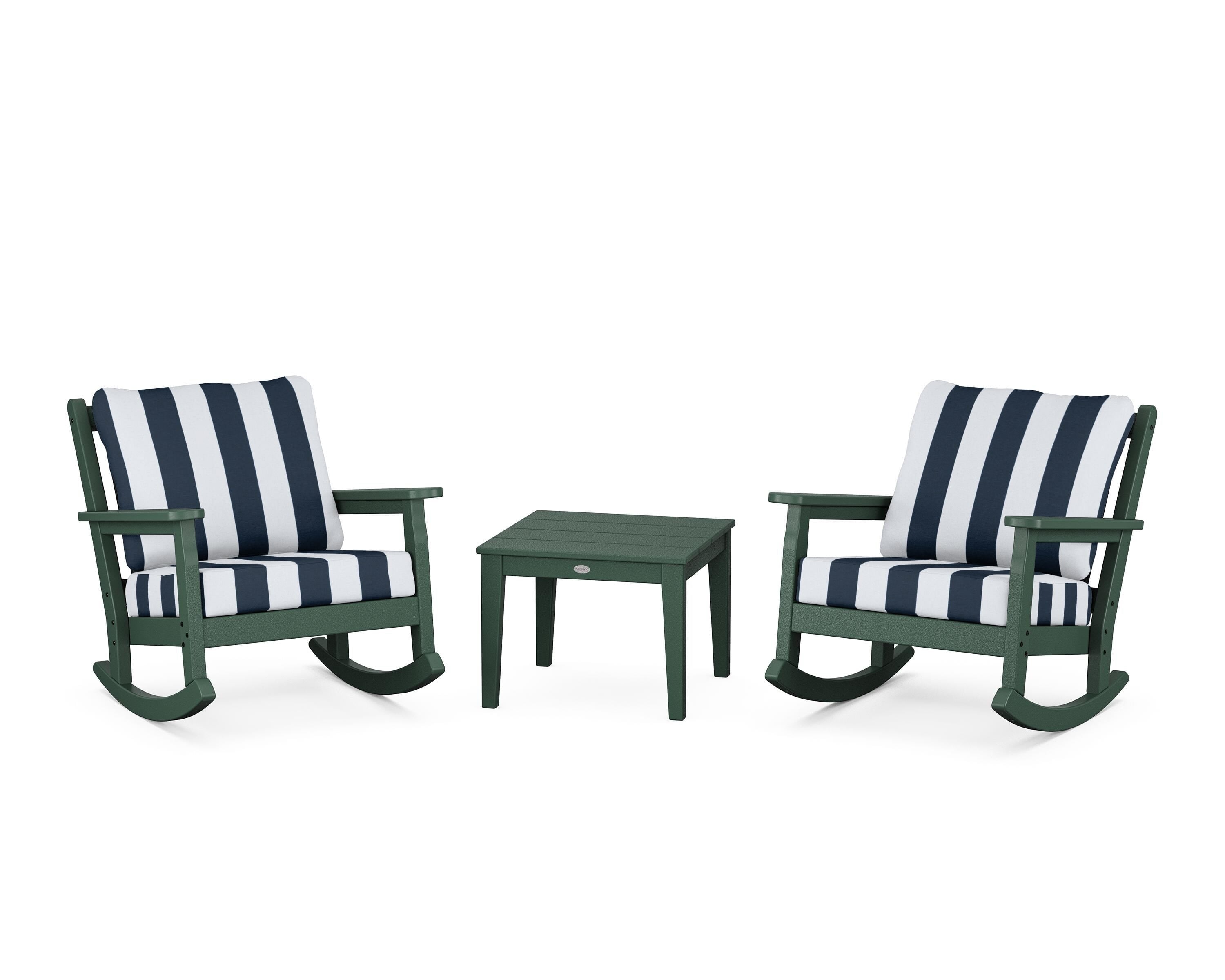POLYWOOD® Chippendale 3-Piece Deep Seating Rocker Set in Green / Cabana Stripe Marine Indigo