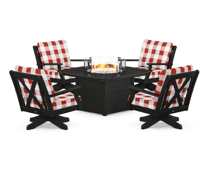 POLYWOOD® Braxton 5-Piece Deep Seating Swivel Conversation Set with Fire Pit Table in Black / Buffalo Plaid Crimson