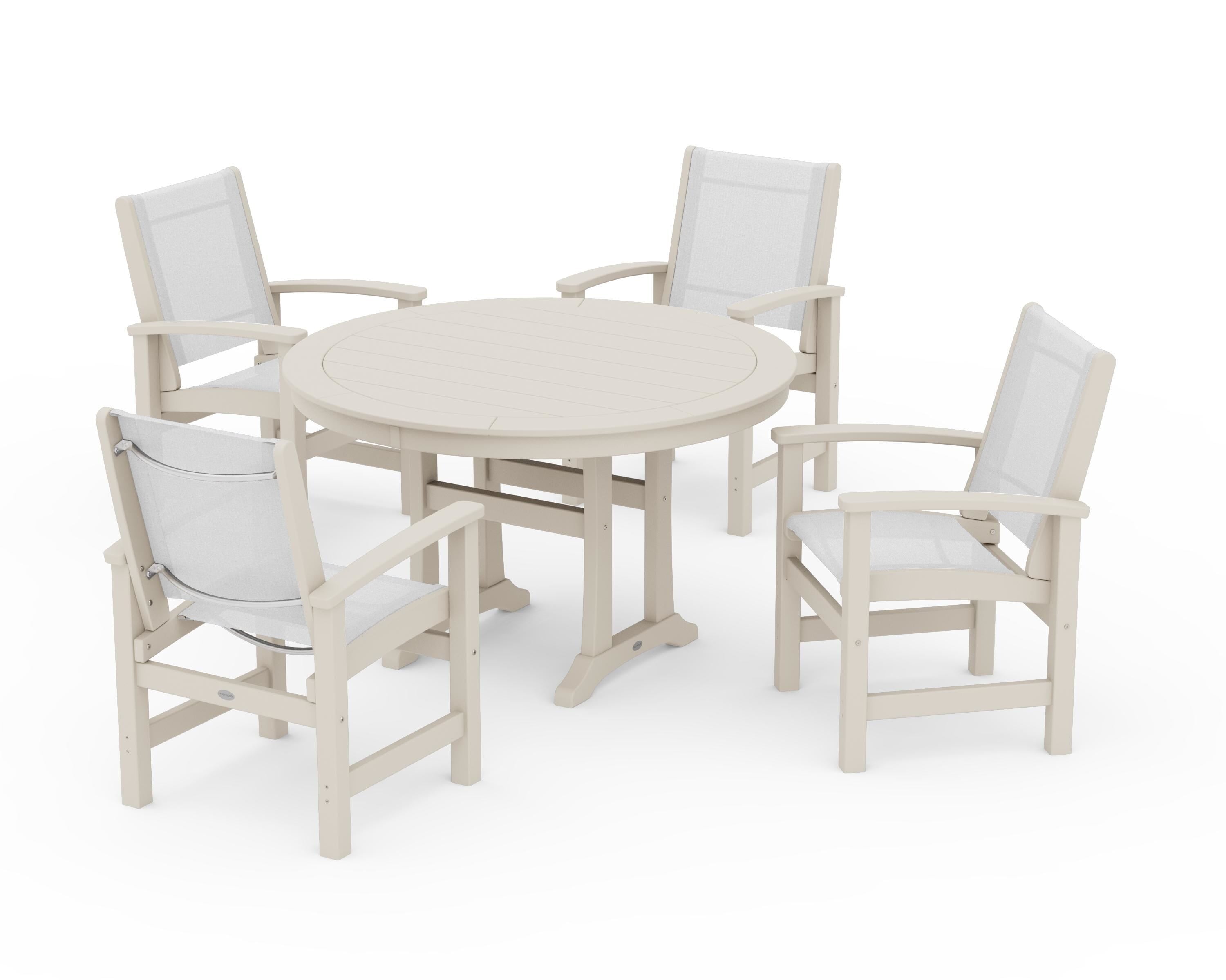 POLYWOOD® Coastal 5-Piece Round Dining Set with Trestle Legs in Sand / White Sling