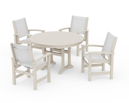 POLYWOOD® Coastal 5-Piece Round Dining Set with Trestle Legs in Sand / White Sling