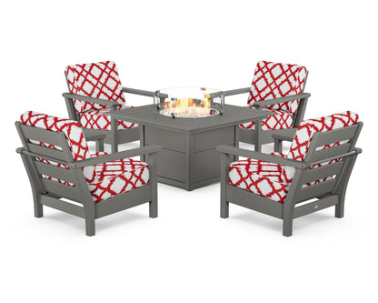 POLYWOOD® Harbour 5-Piece Conversation Set with Fire Pit Table in Slate Grey / Trellis Crimson