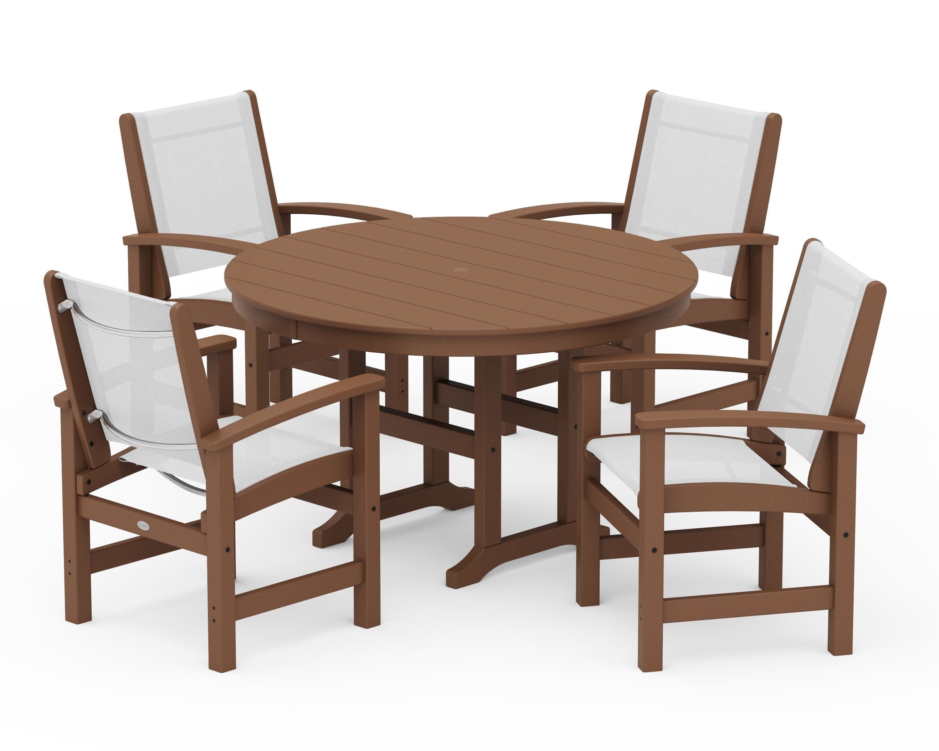 POLYWOOD® Coastal 5-Piece Round Farmhouse Dining Set in Teak / White Sling