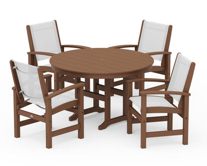 POLYWOOD® Coastal 5-Piece Round Farmhouse Dining Set in Teak / White Sling
