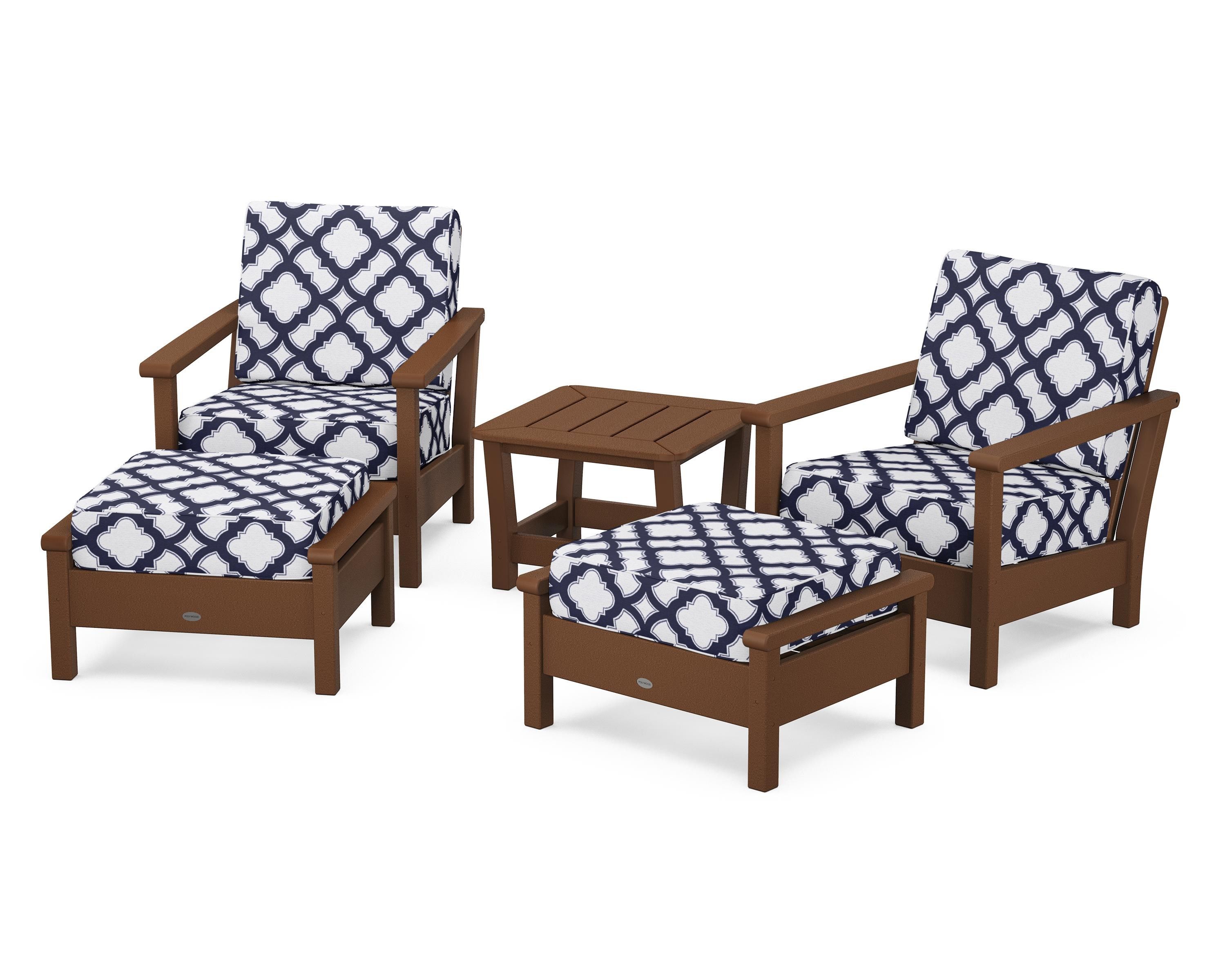 POLYWOOD® Harbour 5-Piece Deep Seating Chair Set in Teak / Trellis Navy