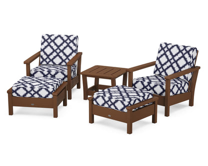 POLYWOOD® Harbour 5-Piece Deep Seating Chair Set in Teak / Trellis Navy