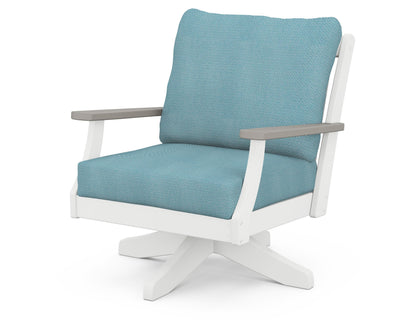 POLYWOOD® Braxton Deep Seating Swivel Chair in White / Driftwood / Lattice Sky Blue