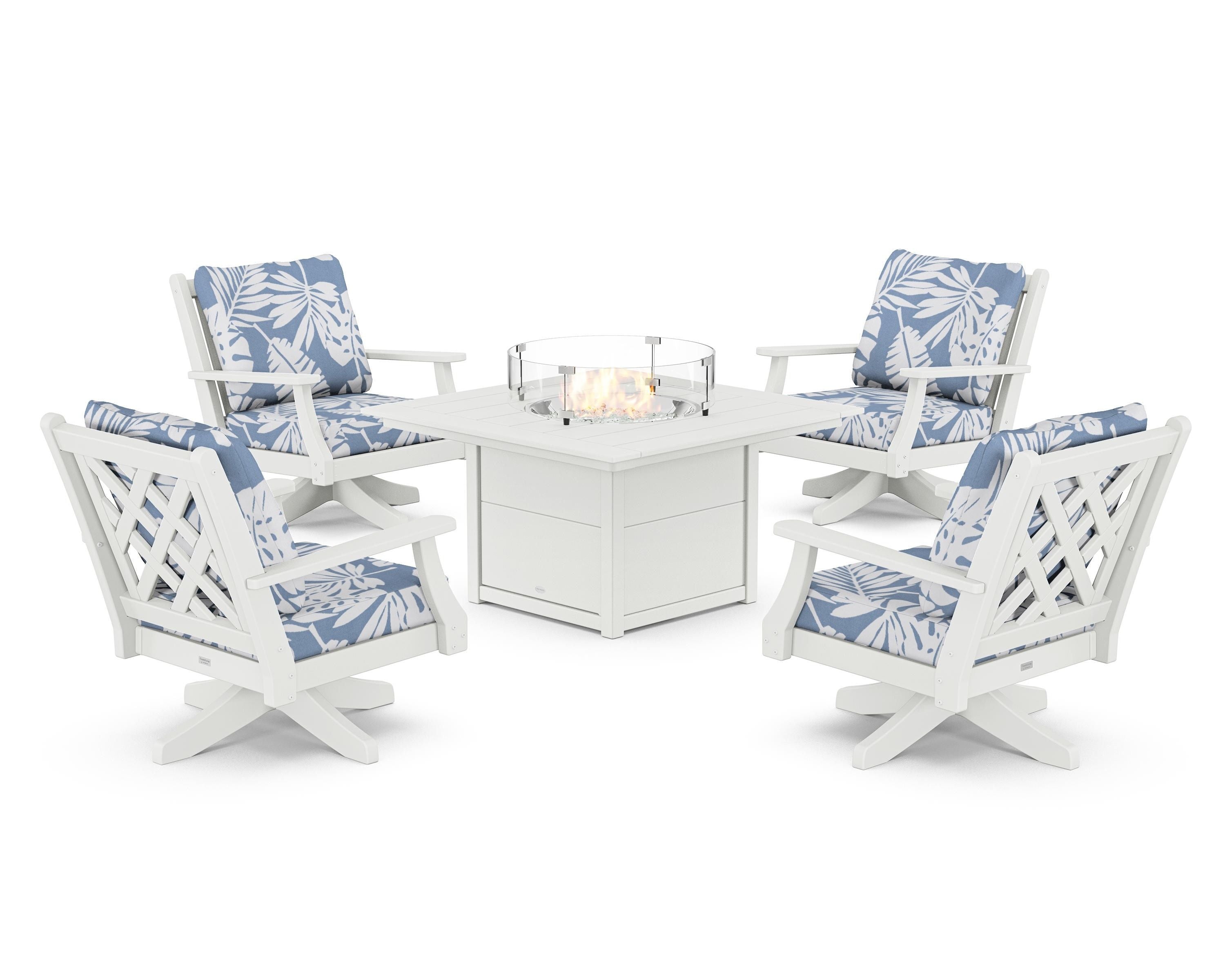Country Living Wovendale 5-Piece Deep Seating Swivel Conversation Set with Fire Pit Table in White / Leaf Sky Blue