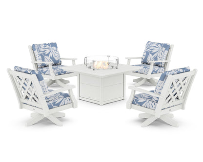 Country Living Wovendale 5-Piece Deep Seating Swivel Conversation Set with Fire Pit Table in White / Leaf Sky Blue