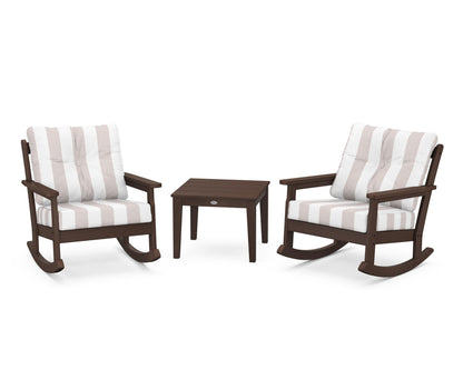 POLYWOOD® Vineyard 3-Piece Deep Seating Rocker Set in Mahogany / Cabana Stripe Dune Burlap