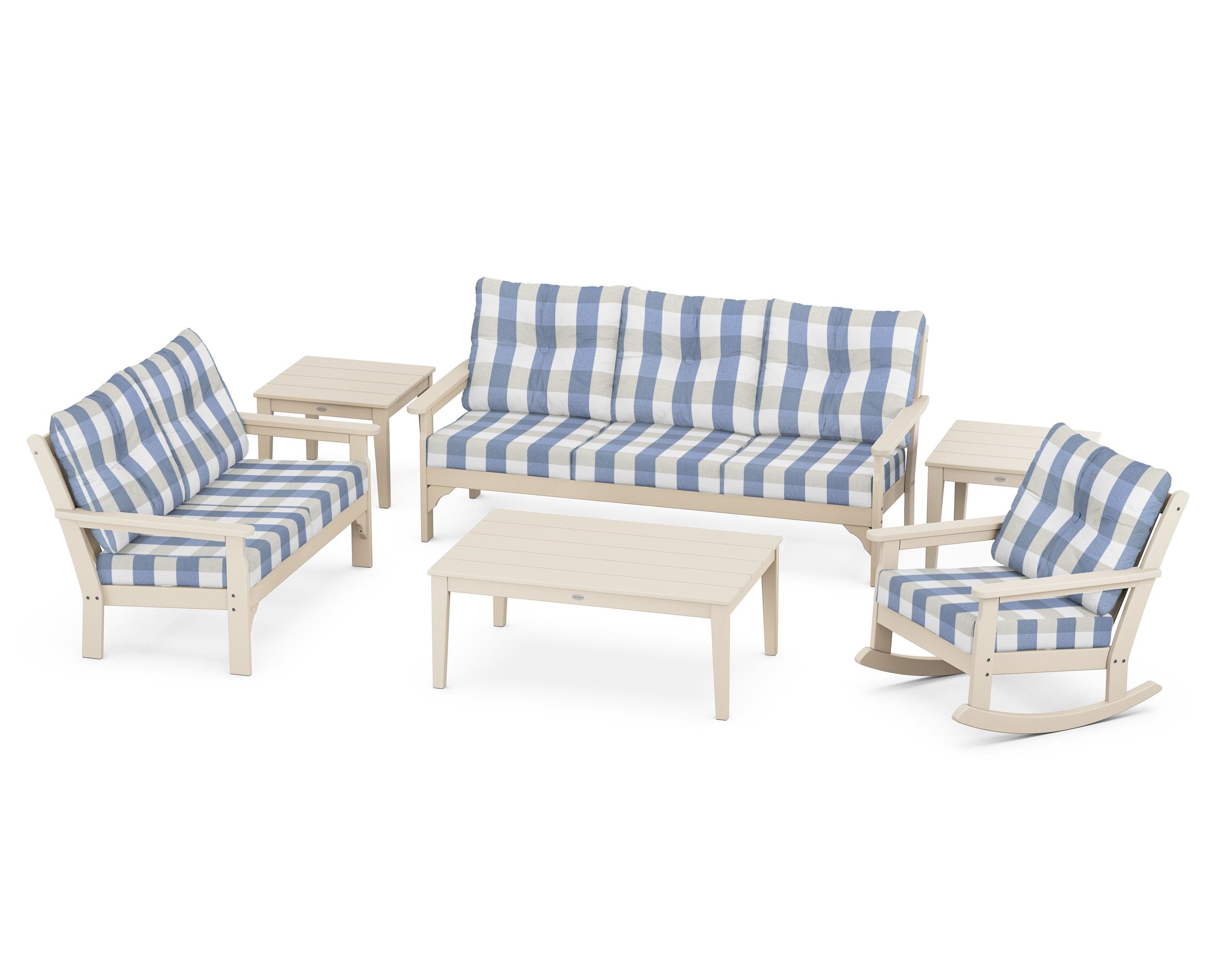 POLYWOOD® Vineyard 6-Piece Deep Seating Set in Sand / Buffalo Plaid Sky Blue