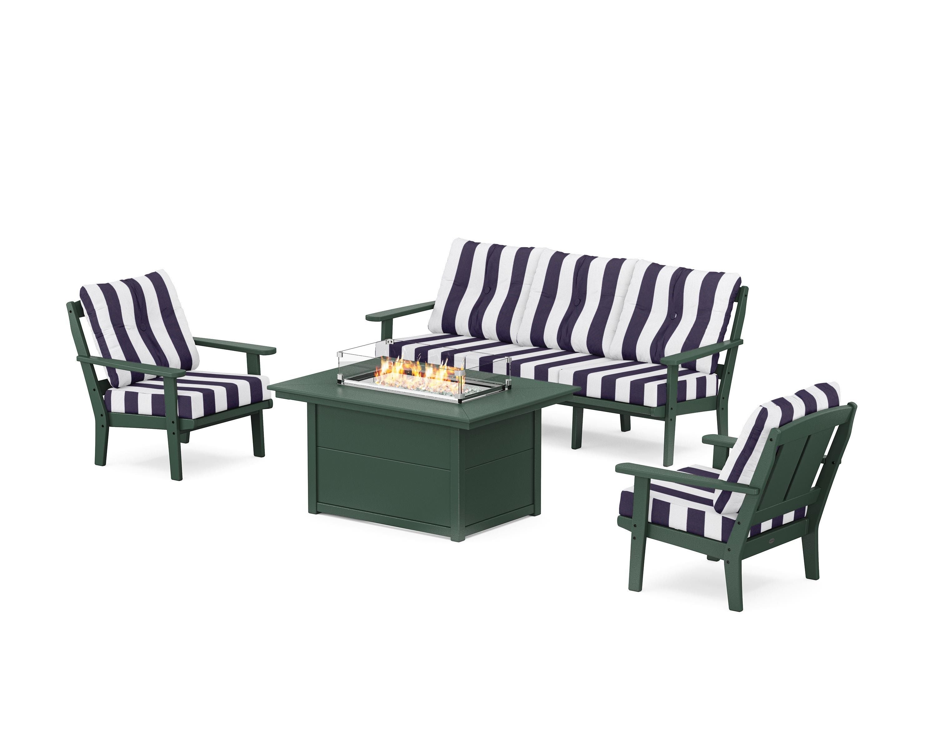 POLYWOOD® Mission Deep Seating Fire Pit Table Set in Green / Cabana Stripe Navy