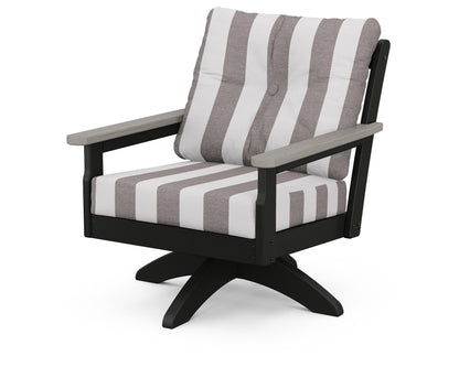 POLYWOOD® Vineyard Deep Seating Swivel Chair in Black / Driftwood / Cabana Stripe Grey Mist