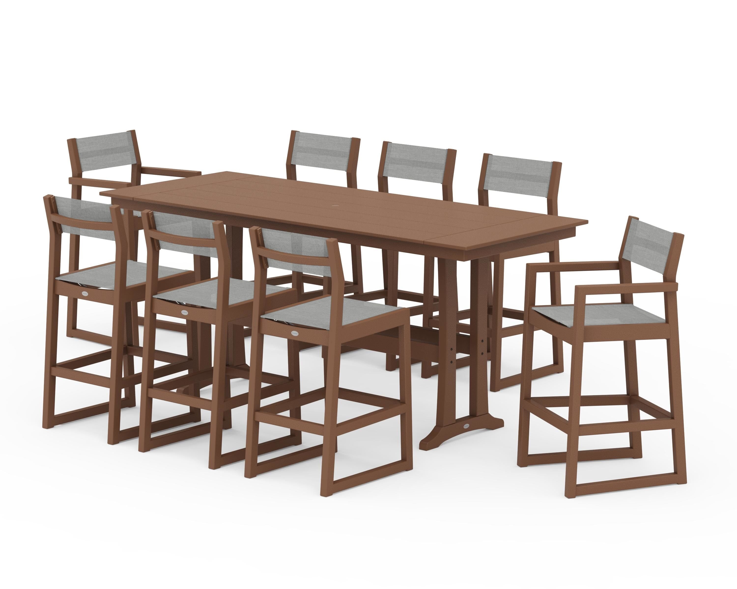 POLYWOOD® EDGE Sling 9-Piece Farmhouse Bar Set with Trestle Legs in Teak / Metallic Sling