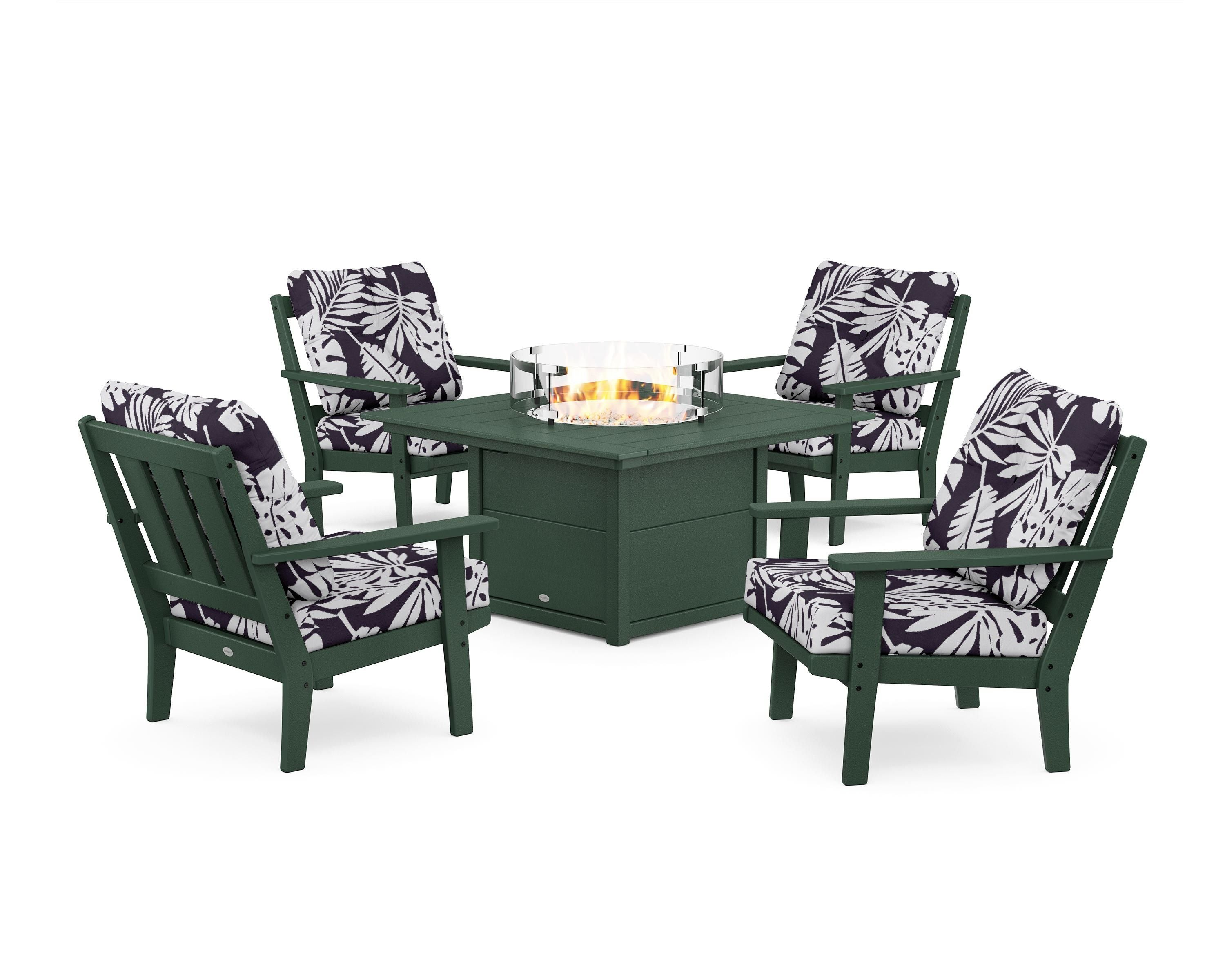 POLYWOOD® Oxford 5-Piece Deep Seating Set with Fire Pit Table in Green / Leaf Navy