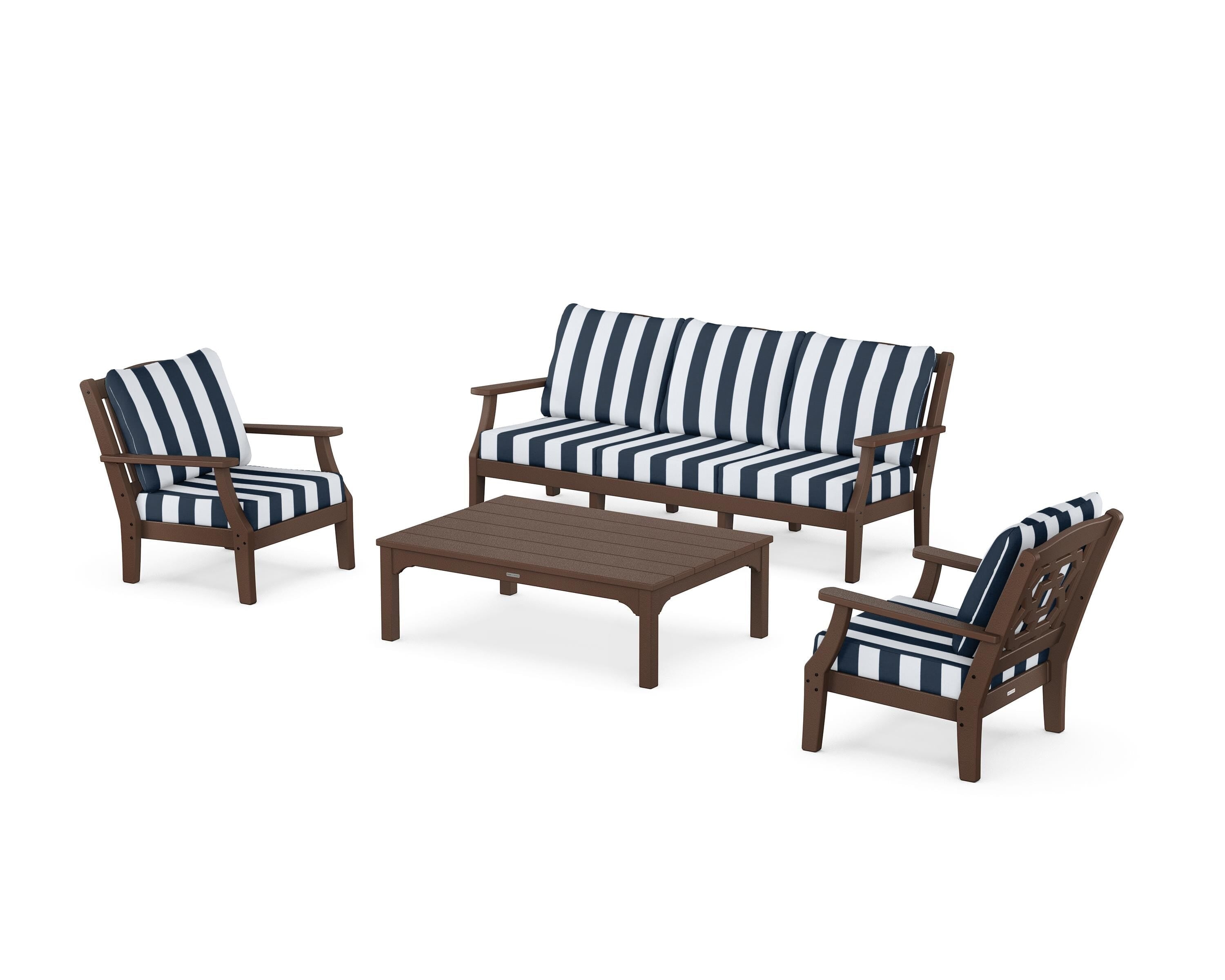Martha Stewart by POLYWOOD® Chinoiserie 4-Piece Deep Seating Set with Sofa in Mahogany / Cabana Stripe Marine Indigo
