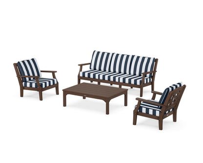 Martha Stewart by POLYWOOD® Chinoiserie 4-Piece Deep Seating Set with Sofa in Mahogany / Cabana Stripe Marine Indigo